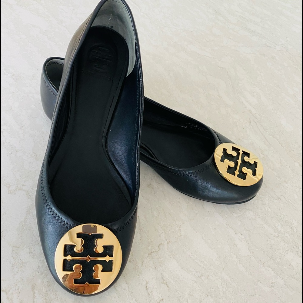 Tory Burch Black Flats with Gold Logo